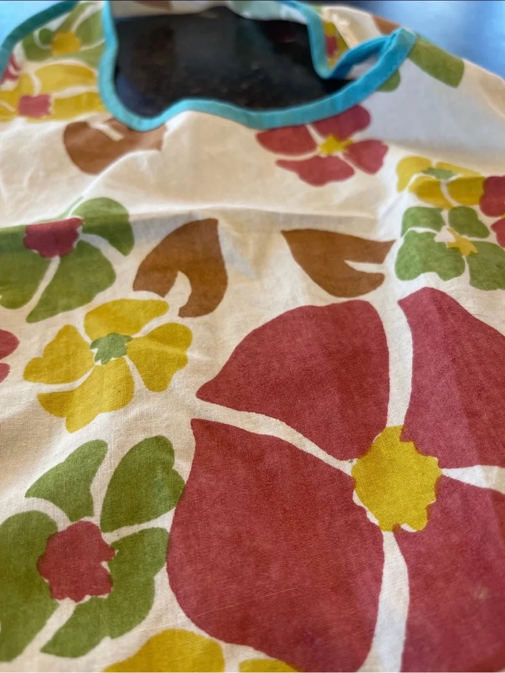 Floral Cotton Baby Bib with Turquoise Trim - Pink, Yellow & Green